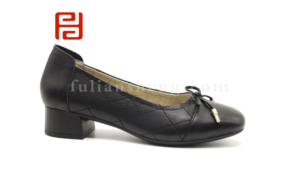 福連升休閑鞋女士小香風粗跟圓頭蝴蝶結棉麻舒適牛皮橡膠圖片